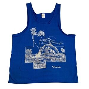 Vtg Genesis Florida Dolphin Tank Top Mens L Blue Cotton Poly Souvenir USA‎